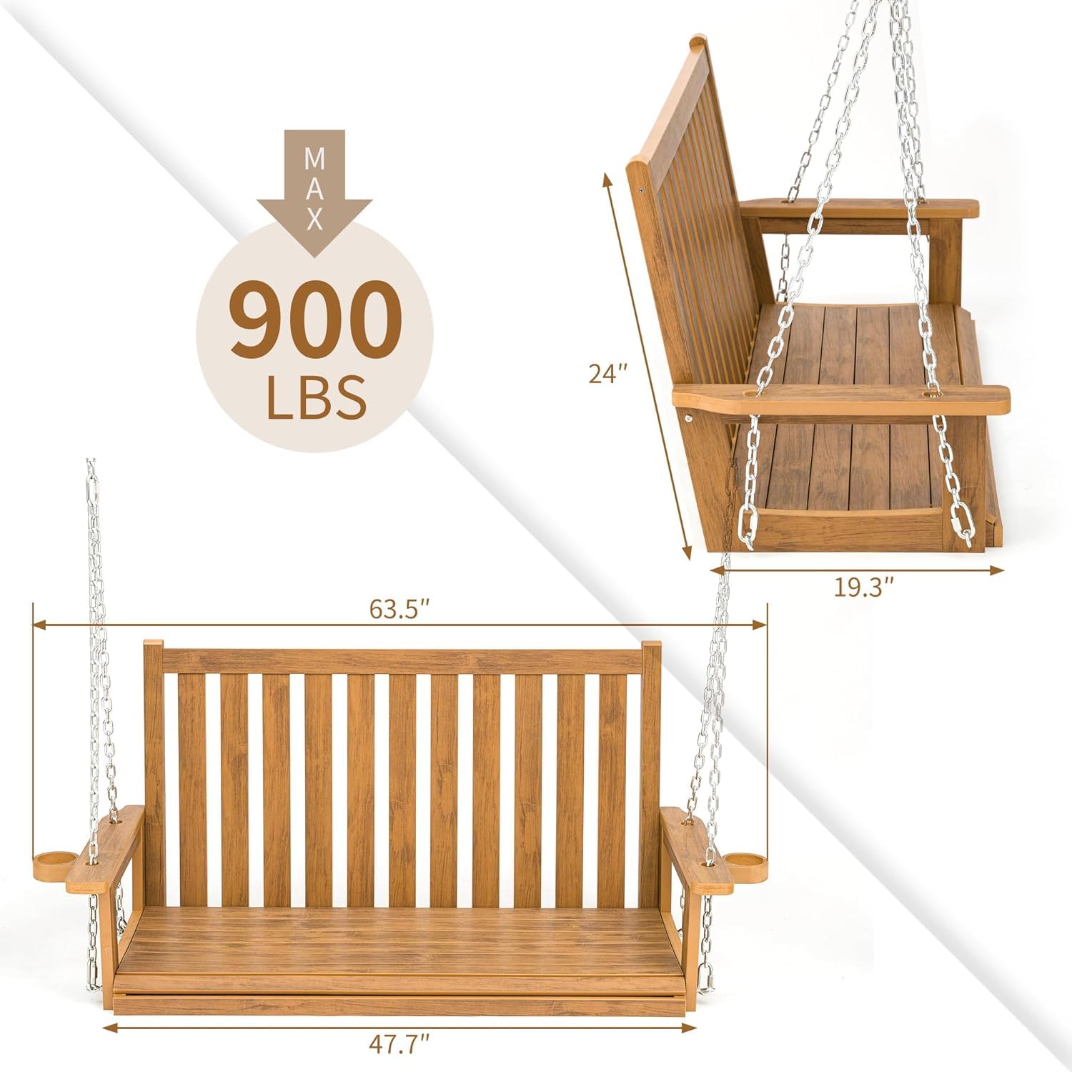 Mega Casa Poly Lumber Porch Swing, Deep Seat and High Backrest, with Removable Cup Holders, Wood-Like Pattern, Heavy Duty 900 LBS, for Outdoor Patio Garden Yard (Teak Tone)