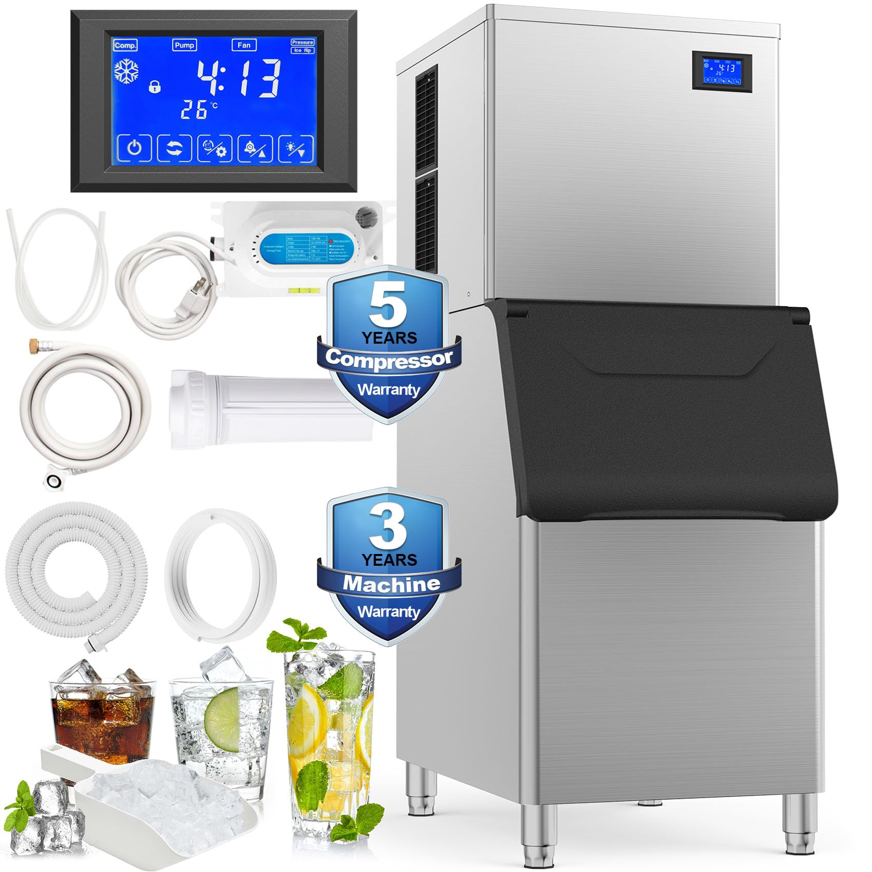 Ice Machine Commercial Ice Maker Machine Large Industrial Stainless Steel Freestanding Ice Machine 410Lbs/24H with 400LBS Storage Bin Ice Ready in 7-12 Mins, Clear Cube Ice (410Lbs/24H)