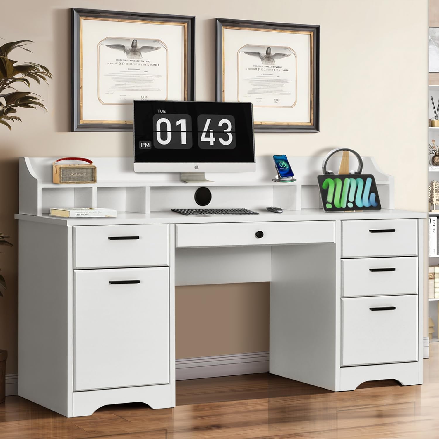 MaverickFurni White Executive Desk with Drawers, 58 Inch White Desk with Storage, Wood Computer Desk with 6 Drawers, Study Desk for Bedroom, Business Furniture Desk with File Cabinet