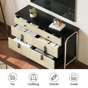 Jiansu furni 6 Drawer Dresser,Modern Dresser with Storage,Chest of Drawers with Wooden Handle,Fluted Dresser TV Stand,Metal Leg Design,Wood Drawer Organizer for Bedroom,Living Room (Black+Oak)