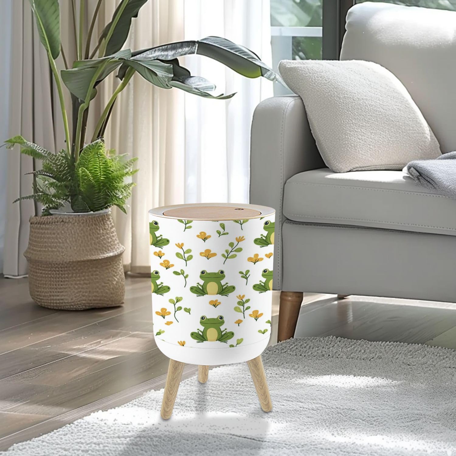 Small Trash Can with Lid Cute frogs nature seamless pattern Funny green frog character pattern 1.8 Gallon/7L Garbage Can Waste Bin with Pop-Up Lid Wood Legs Wastebasket for Bathroom Kitchen Bedroom