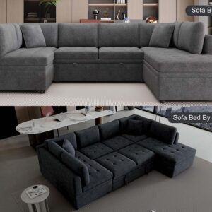 Suheww Pull-Out Sleeper Sectional, 117.3" Modular Sectional Sleeper Sofa with Pull Out Couch Bed, U Shaped Sectional Sleeper Sofa with Pullout for Living Room Grey