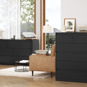 AOGLLATI Black Dresser for Bedroom, Modern Tall Dresser with 6 Drawers, Dressers & Chest of Drawers with Charging Station Handle Free,Wooden 6 Drawer Dresser for Bedroom Living Room,Black