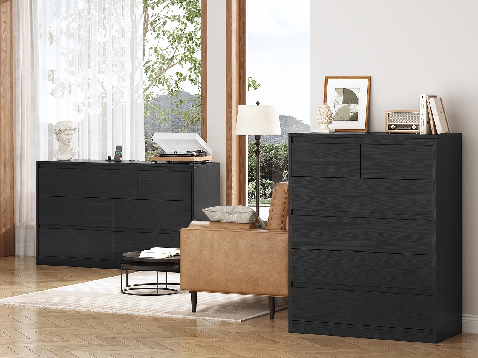 AOGLLATI Black Dresser for Bedroom, Modern Tall Dresser with 6 Drawers, Dressers & Chest of Drawers with Charging Station Handle Free,Wooden 6 Drawer Dresser for Bedroom Living Room,Black