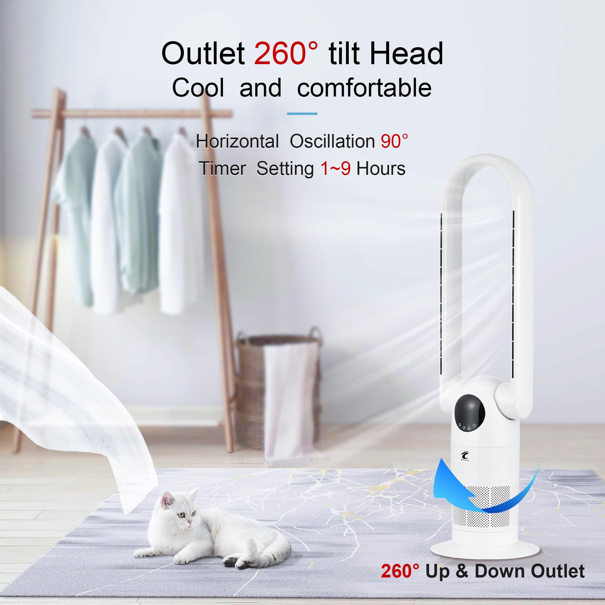 Ocean Loong Bladeless Tower Fan and Air Purifier in one, 90° Oscillating Bladeless Fan with Remote,Tilt Head, 9H Timer, Floor Fans for Bedroom Home, 38.6inch AC68P, White