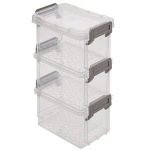 simplify storage boxes| 4 pack | 12 oz | stackable | lockable lid | great for office accessories | home storage | clear and grey