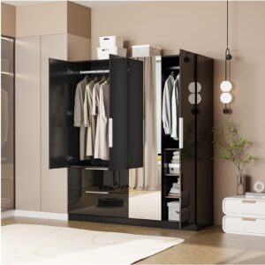 VINGLI 72.8" H Wardrobe Closet with Mirror, High Gloss 4 Door Armoire with 2 Drawers, Wardrobe Cabinet with Hanging Rod & Shelves, Modern Black Freestanding Armoire Wardrobe Closet for Bedroom, Wood