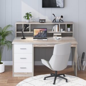 MaverickFurni Walnut and White Desk with 3 Drawers, Small Desk with Storage, Study Desk with Hutch, Kids Desk with Drawers, Wooden Computer Desk for Bedroom