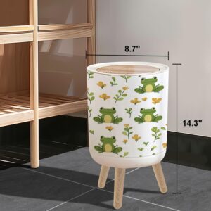 Small Trash Can with Lid Cute frogs nature seamless pattern Funny green frog character pattern 1.8 Gallon/7L Garbage Can Waste Bin with Pop-Up Lid Wood Legs Wastebasket for Bathroom Kitchen Bedroom