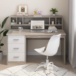 MaverickFurni Walnut and White Desk with 3 Drawers, Small Desk with Storage, Study Desk with Hutch, Kids Desk with Drawers, Wooden Computer Desk for Bedroom