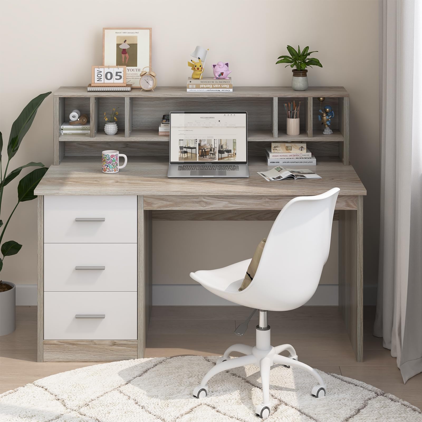 MaverickFurni Walnut and White Desk with 3 Drawers, Small Desk with Storage, Study Desk with Hutch, Kids Desk with Drawers, Wooden Computer Desk for Bedroom