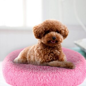 calming dog cat bed, cozy nest sofa bed cushion, anti-anxiety donut cuddler warming cozy soft round bed, fluffy faux fur plush cushion bed for small medium dogs and cats, pink