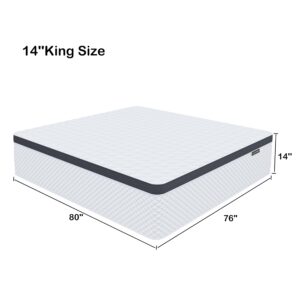 Deegari King Mattress,14 Inch King Size Mattress in a Box,Gel Memory Foam and Innerspring Hybrid Mattress with Individual Pocket Spring for Motion Isolation,Pressure Relief,Medium Firm Feel