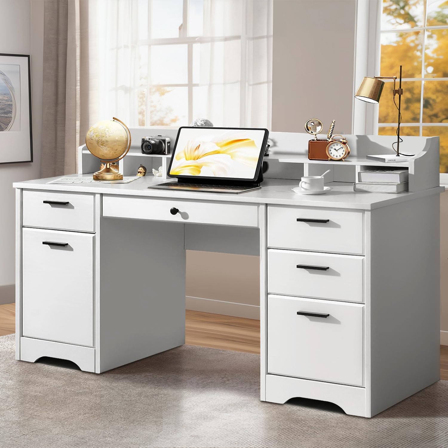 MaverickFurni White Executive Desk with Drawers, 58 Inch White Desk with Storage, Wood Computer Desk with 6 Drawers, Study Desk for Bedroom, Business Furniture Desk with File Cabinet