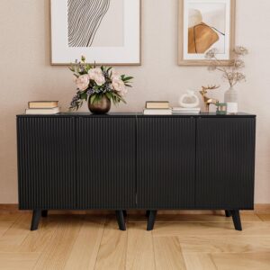 XUZENEST Modern Sideboard Buffet Cabinet Console Table, Accent Storage Cabinet Credenza Buffer Cabinet with 4 Fluted Doors for Kitchen Dining Living Room Entryway(Black)