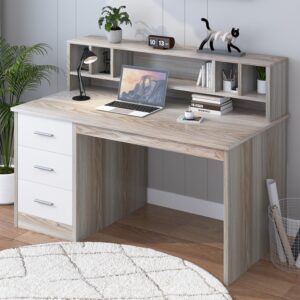 maverickfurni walnut and white desk with 3 drawers, small desk with storage, study desk with hutch, kids desk with drawers, wooden computer desk for bedroom