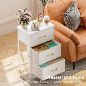 Night Stand, Nightstand with 3 Drawers, Fabric Kids Bedside Table Storage Organizer for Small Space, Bedroom, White Nightstand with Sturdy Structure, Modern Faux Leather End Table, White