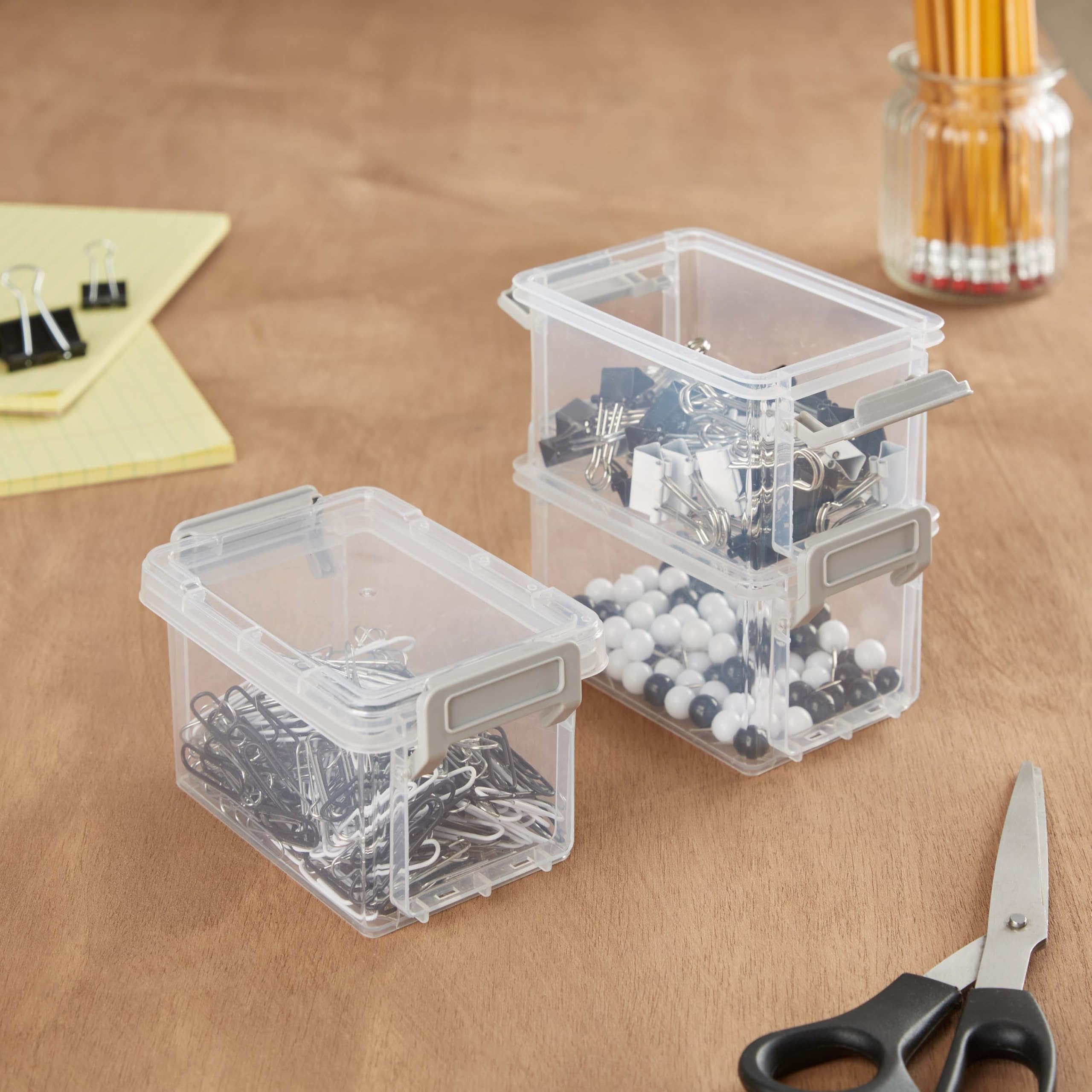 Simplify Storage Boxes| 4 Pack | 12 oz | Stackable | Lockable Lid | Great for Office Accessories | Home Storage | Clear and Grey