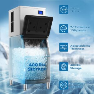 Ice Machine Commercial Ice Maker Machine Large Industrial Stainless Steel Freestanding Ice Machine 410Lbs/24H with 400LBS Storage Bin Ice Ready in 7-12 Mins, Clear Cube Ice (410Lbs/24H)