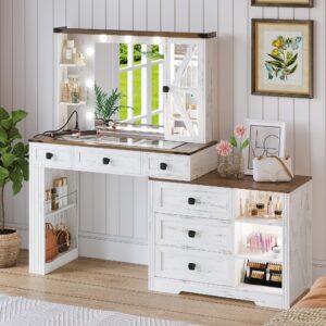 tagelier farmhouse vanity desk set with mirror and lights, makeup vanity table with 6 drawers/large storage, white dressing table 3 colors adjustable lighting brightness & charging station for women