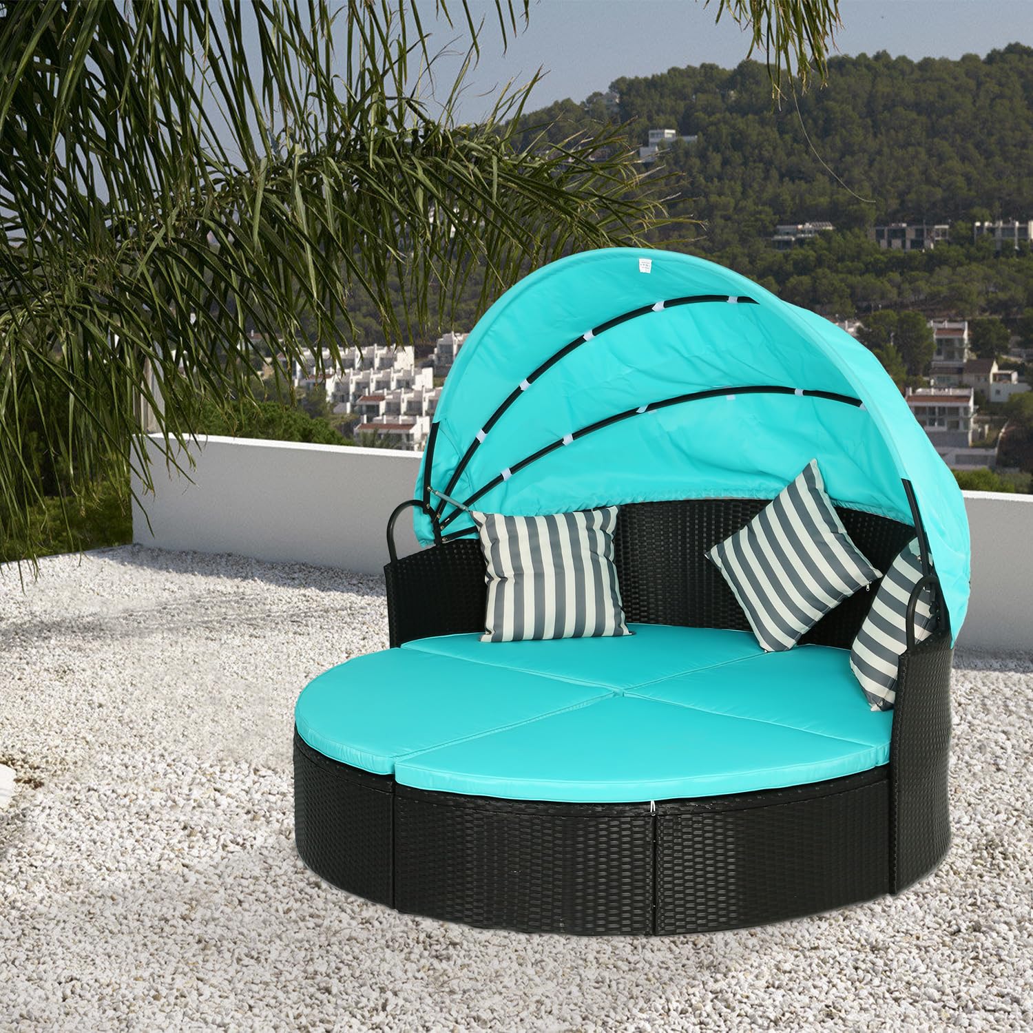 PayLessHere Outdoor Round Daybed Wicker Patio Furniture Outdoor Furniture with Retractable Canopy Rattan Separated Seating Sectional Sofa Washable Cushioned and Three Pillow for Patio Backyard (Blue)