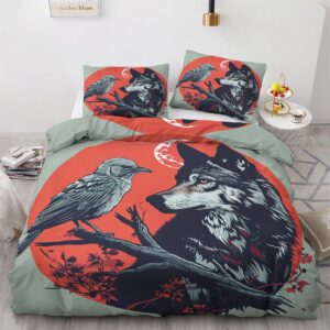 aopglyvyr wolf duvet cover full size, crow raven comforter cover, wild animal bedding set, breathable duvet cover with zipper closure, 3 pieces, 1 soft duvet cover & 2 pillow shams