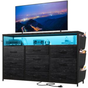 enhomee 10 drawer dresser for bedroom with wood open shelves，55" tv stand for bedroom with power outlets and led lights，fabric dressers & chest of drawers with side pocket，living room，closet，black