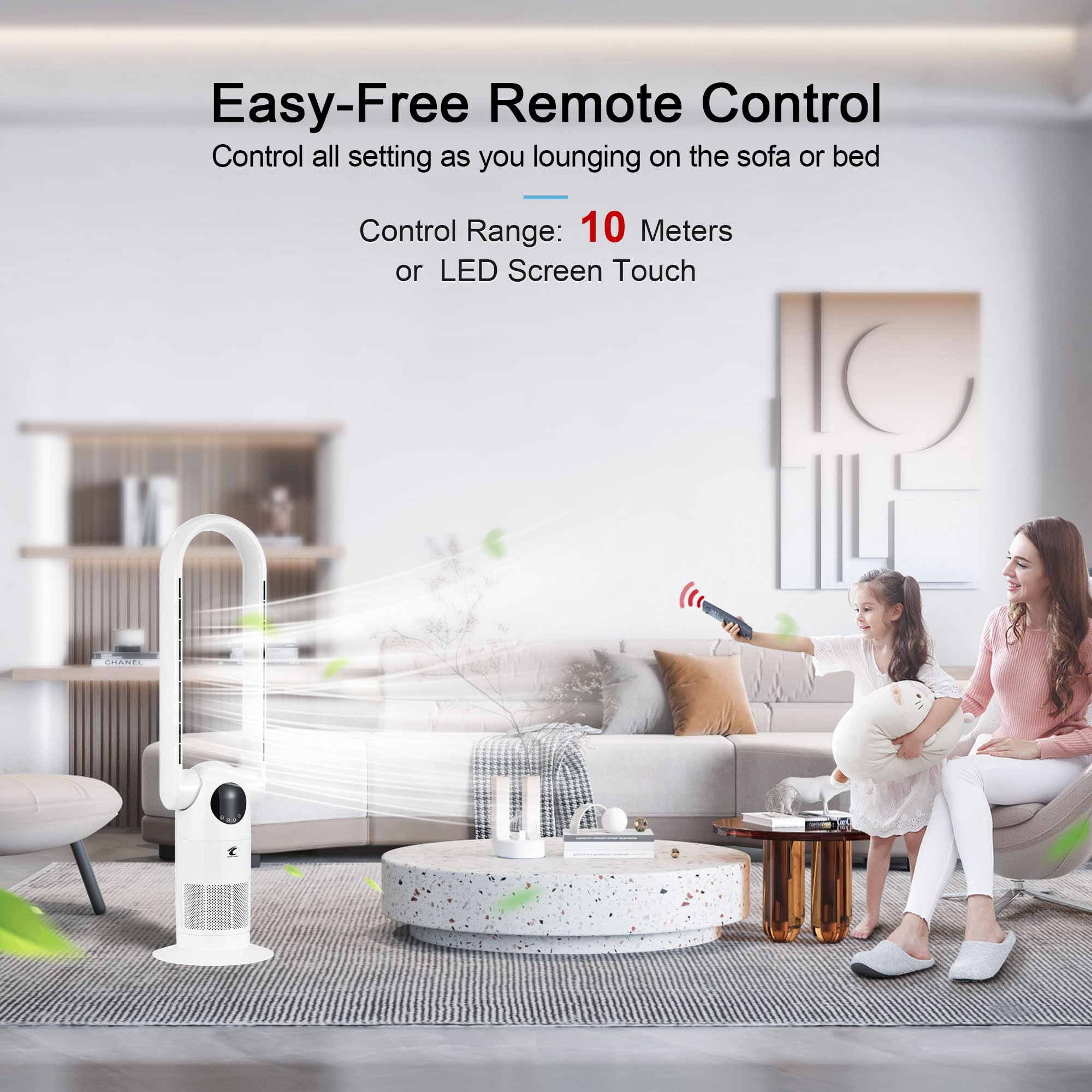 Ocean Loong Bladeless Tower Fan and Air Purifier in one, 90° Oscillating Bladeless Fan with Remote,Tilt Head, 9H Timer, Floor Fans for Bedroom Home, 38.6inch AC68P, White