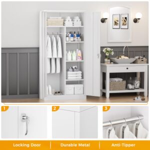 INTERGREAT 72”Tall Metal Wardrobe Cabinets with Lock,Clothing Storage Cabinets with Hanging Rod and 4 Adjustable Shelves，Closet for Home Living/Laundry Room/Department (White)