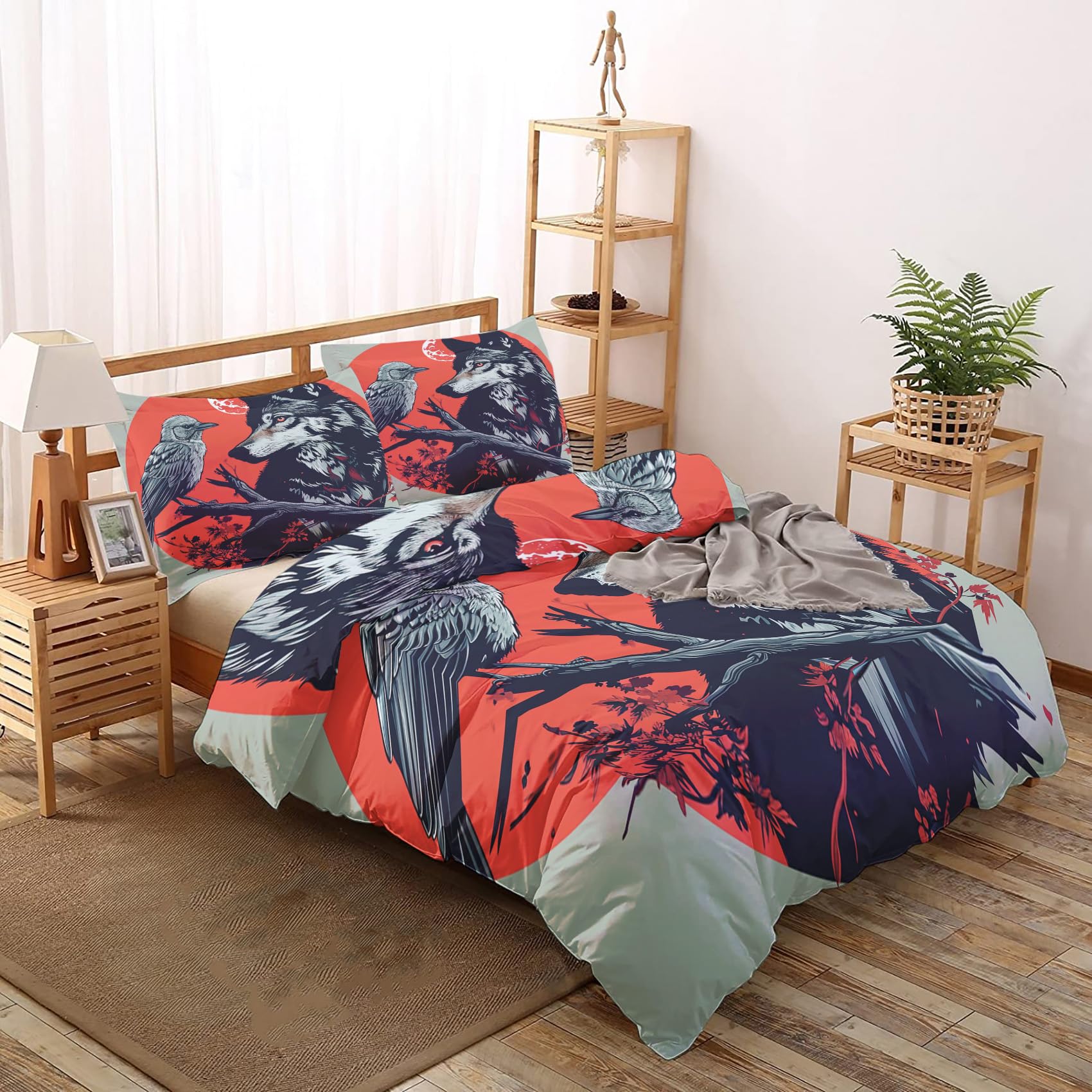 AopGlyvyr Wolf Duvet Cover Full Size, Crow Raven Comforter Cover, Wild Animal Bedding Set, Breathable Duvet Cover with Zipper Closure, 3 Pieces, 1 Soft Duvet Cover & 2 Pillow Shams