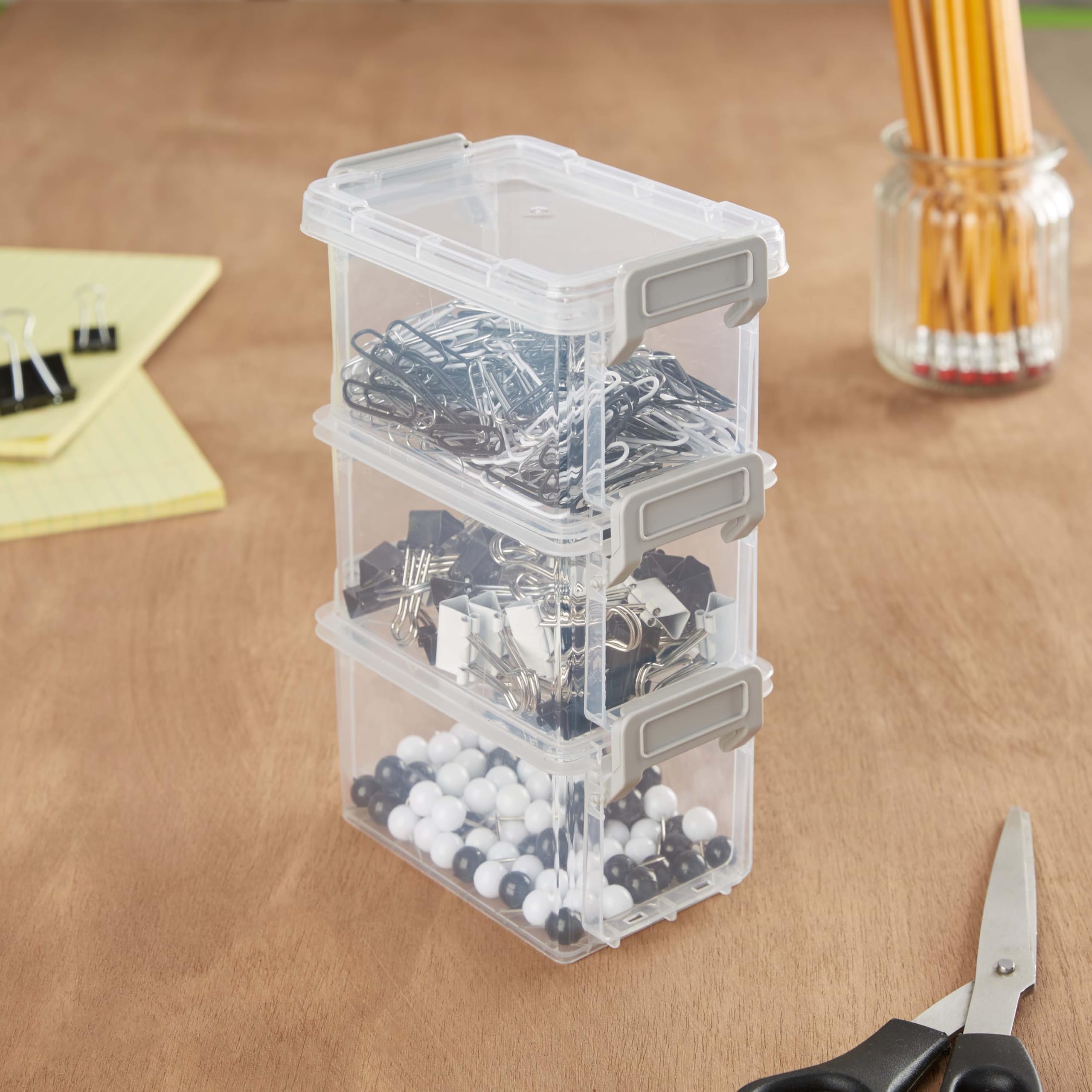 Simplify Storage Boxes| 4 Pack | 12 oz | Stackable | Lockable Lid | Great for Office Accessories | Home Storage | Clear and Grey