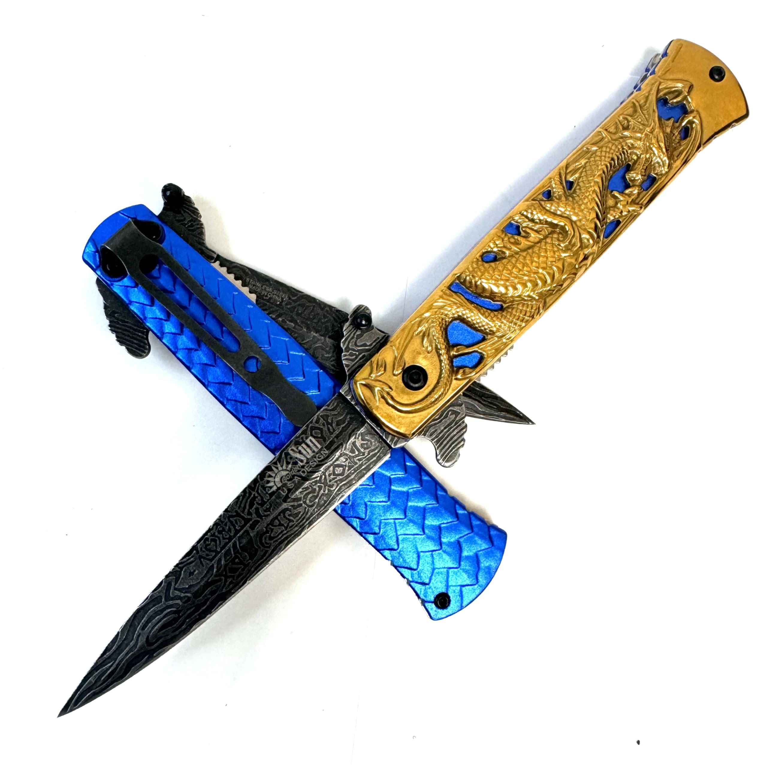 GOLDENSUN Gold dragon folding knife blue handle GSE32 GDBLZ