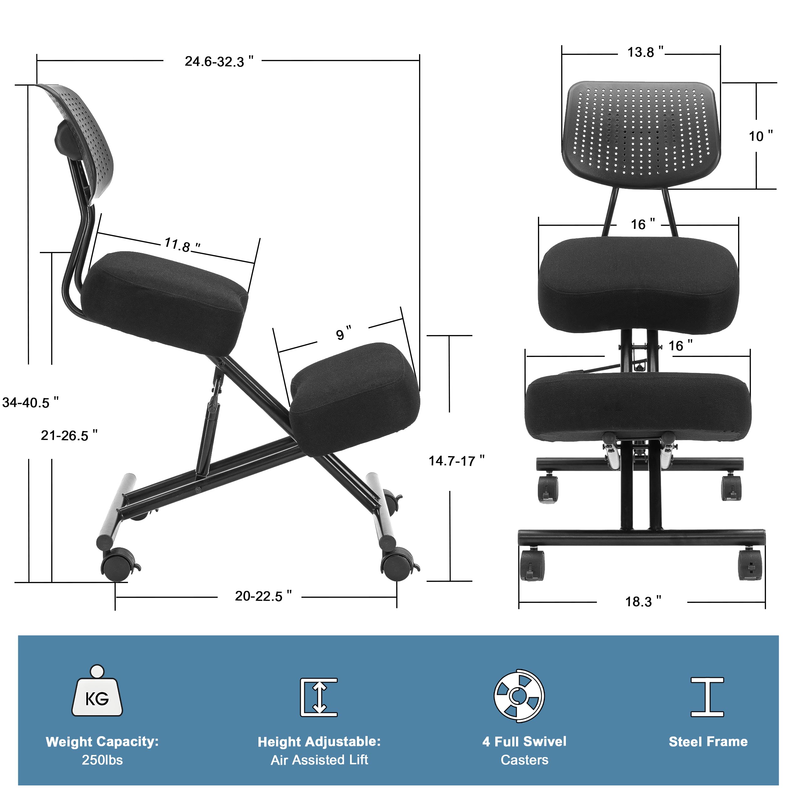 SOMEET Ergonomic Kneeling Chair with Back Support, Ergonomic Kneeling Chair with Brake and Smooth Gliding Casters, Adjustable Stool for Home and Office, Posture Chair to Relieve Back Pain, Black Linen