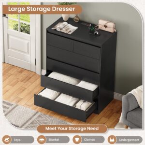 AOGLLATI Black Dresser for Bedroom, Modern Tall Dresser with 6 Drawers, Dressers & Chest of Drawers with Charging Station Handle Free,Wooden 6 Drawer Dresser for Bedroom Living Room,Black