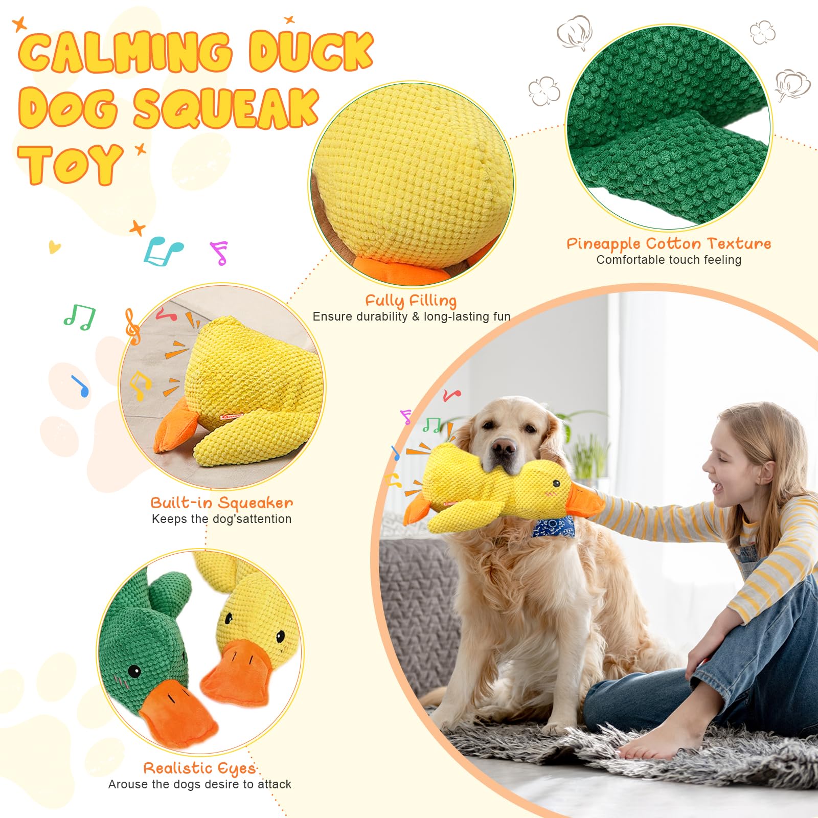 Seivble 2024 Upgraded Calming Duck Dog Toy, Yellow Duck Dog Toy for Dogs Emotional Support, Durable The Mellow Dog Squeak Duck Toys, Dog Chew Toys for Dogs Indoor Puppy (Yellow-Large)