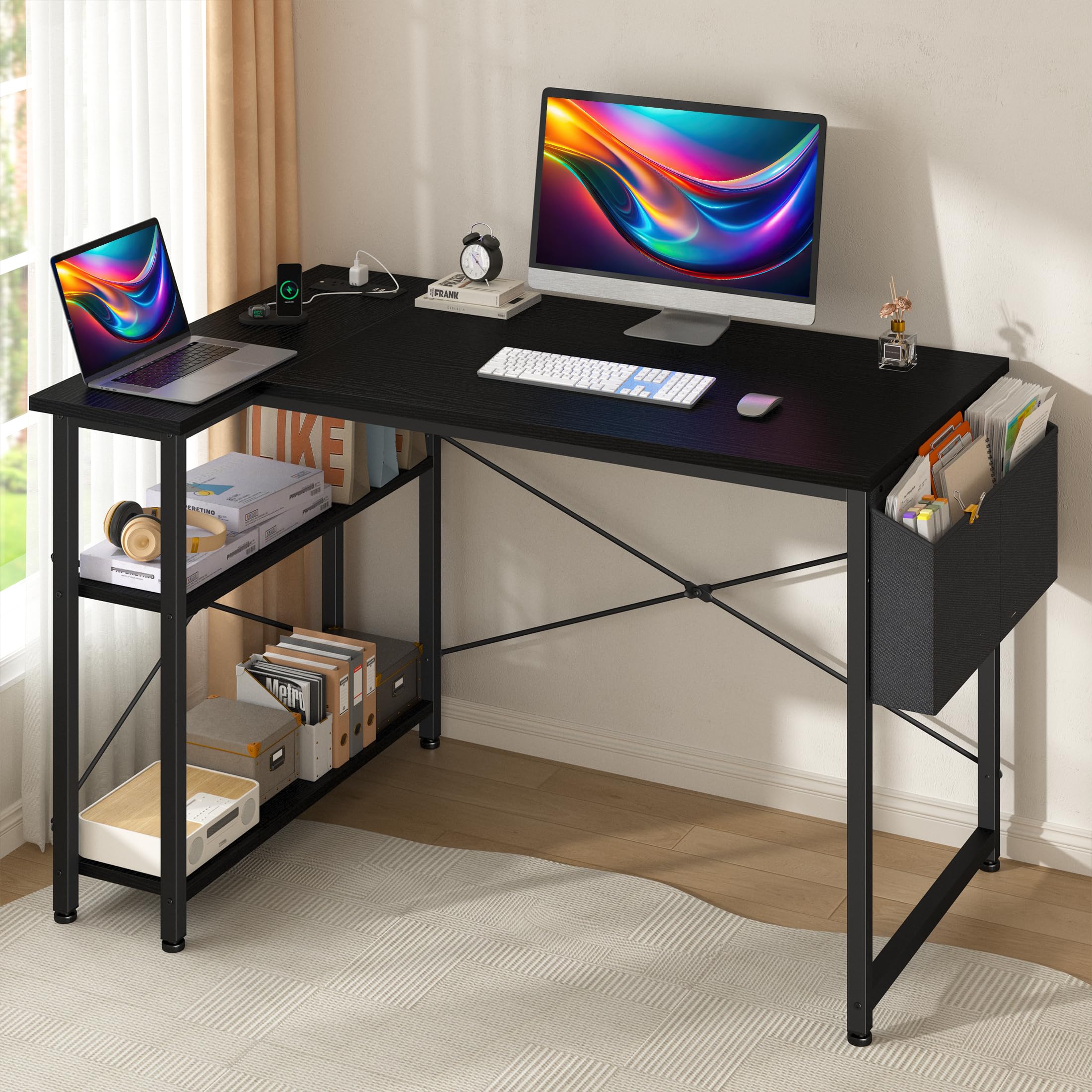 EnHomee L Shaped Computer Desk with File Drawer & Power Outlet, 39 Inch Home Office Desk Corner Desk for Small Space, Bedroom Work, Black