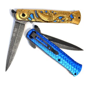 GOLDENSUN Gold dragon folding knife blue handle GSE32 GDBLZ