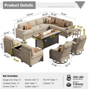 HOOOWOOO Outdoor Sectional Patio Furniture Set with Fire Pit Table,13 Pieces Wicker Conversation Sets L Shaped Couch,Extra Deep Out Door Sofa Outside Furniture with Swivel Chairs,Beige