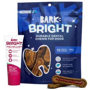 bark bright durable dental kit - berry mint flavored - 15 chew sticks & toothpaste - small breeds