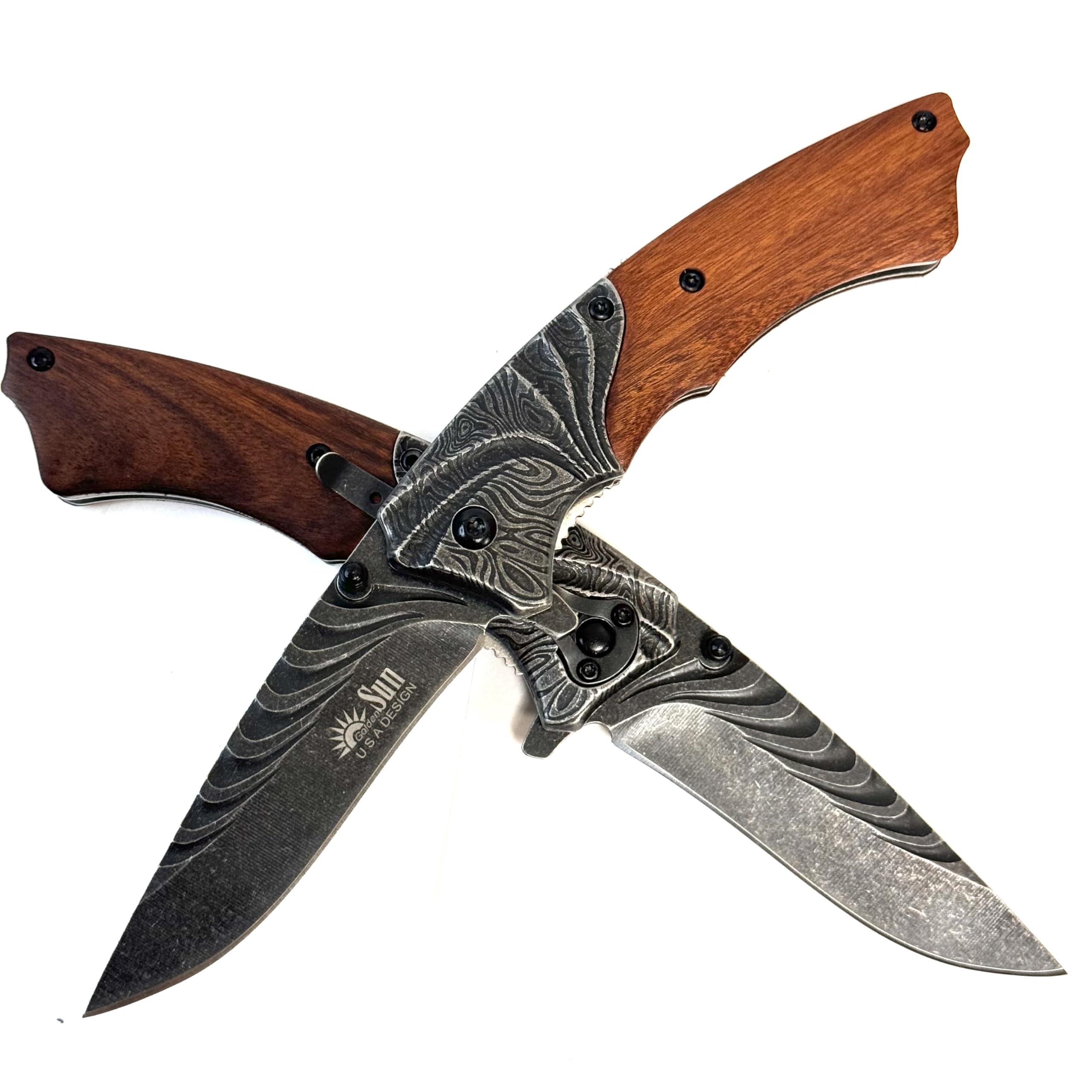 GOLDENSUN Stone washed stainless steel wood handle folding knife retro embossed GLX228WZ