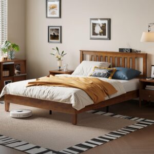 LINSY Queen Bed Frame, Wood Platform Bed Frame with headboard, Solid Wood Bed with Wood Slat Support, No Box Spring Needed, Easy Assembly, Walnut, Queen