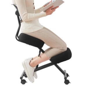 someet ergonomic kneeling chair with back support, ergonomic kneeling chair with brake and smooth gliding casters, adjustable stool for home and office, posture chair to relieve back pain, black linen