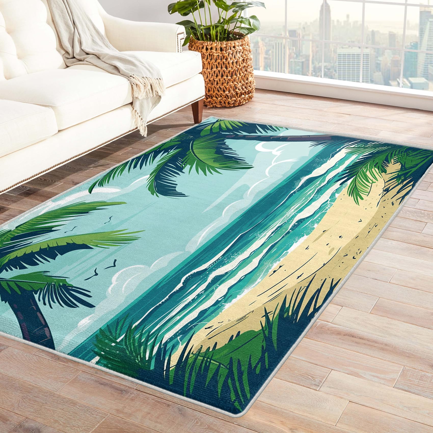 Kcepzhyxl Tropical Ocean Area Rug 2x3, Beach Rug Small Indoor Mats, Palm Trees Carpet for Entryway, Non Slip Soft Low Pile Machine Washable Decor Rugs