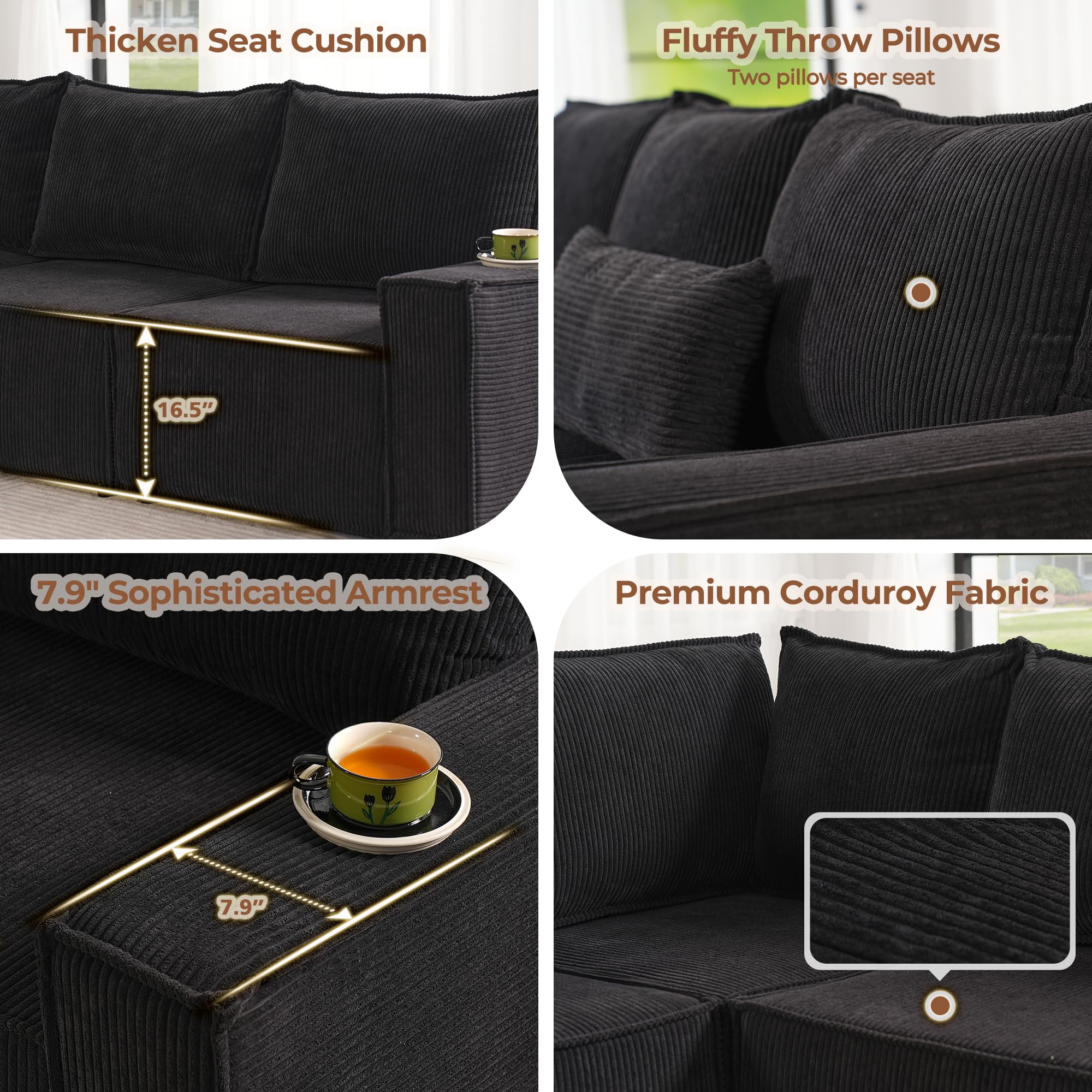 CAODOC Luxuly Modular Sectional Corduroy Sofa Set, L Shaped Couch Reversible Chaise Modular Sectional Couch, Mix and Match Pieces, Ottoman, Black