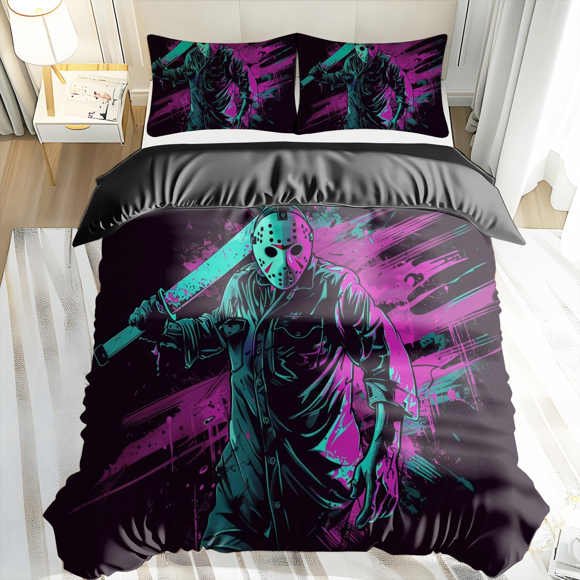 Horror Movie Printed Duvet Cover Horror Bedding Set Killer Demon Halloween Quilt Cover for Teens Adult Room Decoration (style3,Full 79x90in + 20x30in)