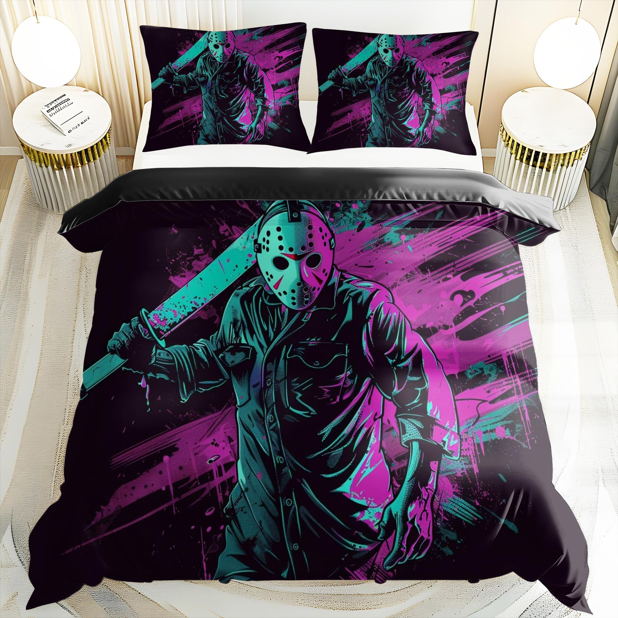 Horror Movie Printed Duvet Cover Horror Bedding Set Killer Demon Halloween Quilt Cover for Teens Adult Room Decoration (style3,Full 79x90in + 20x30in)