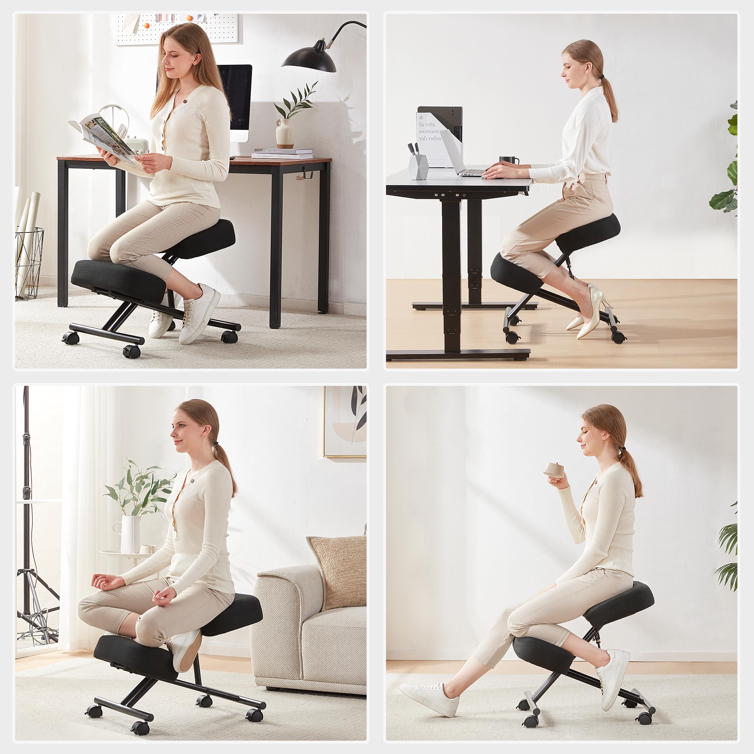 SOMEET Ergonomic Kneeling Chair with Back Support, Ergonomic Kneeling Chair with Brake and Smooth Gliding Casters, Adjustable Stool for Home and Office, Posture Chair to Relieve Back Pain, Black Linen