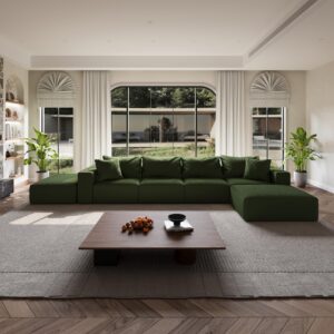 162" Minimalist Oversized Modular Sofa Couch, Deep Seat Sectional Sofa with Ottoman, 6-Seater Track Arm Sofa, U Shape Cloud Couch for Living Room Office Apartment Reception-Green