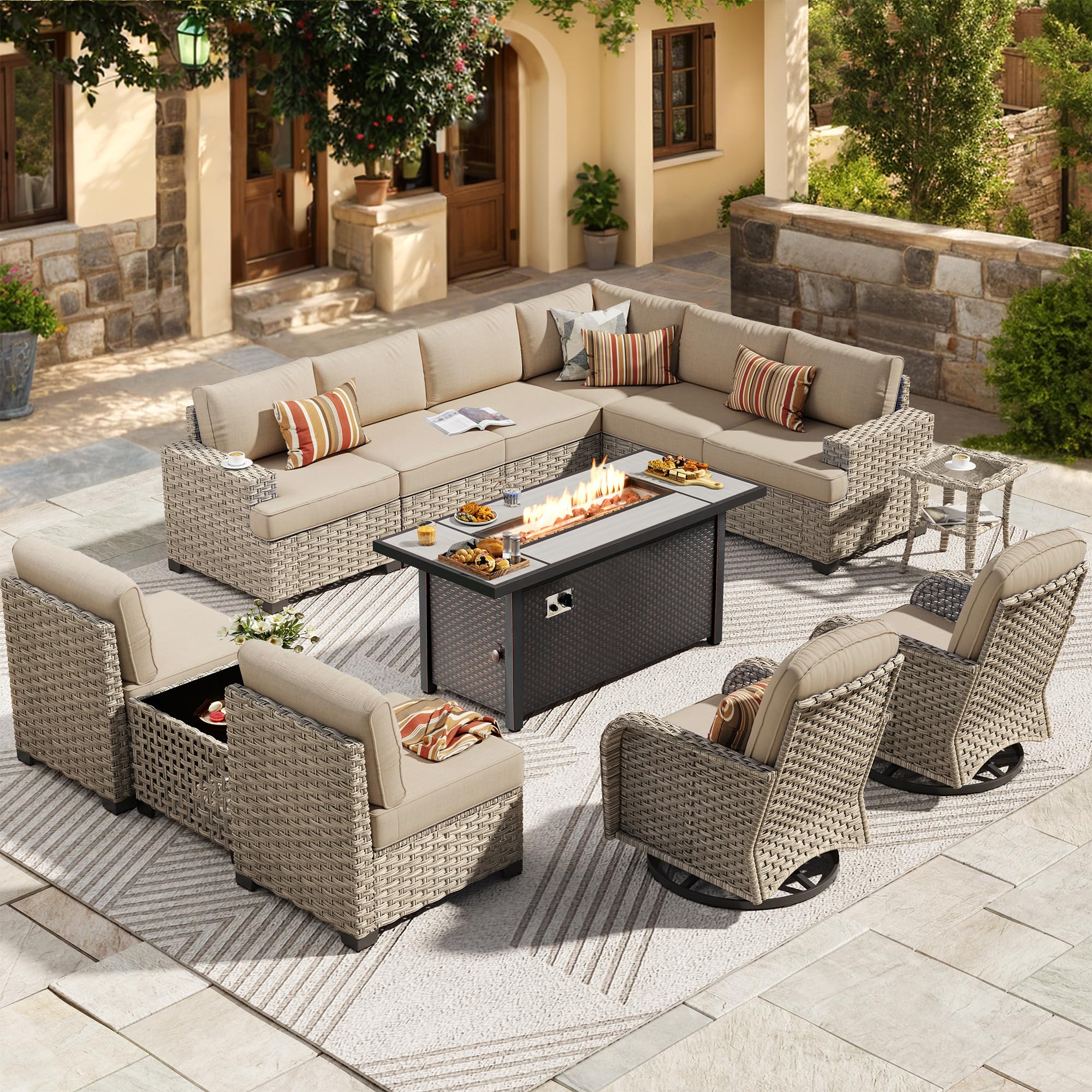 HOOOWOOO Outdoor Sectional Patio Furniture Set with Fire Pit Table,13 Pieces Wicker Conversation Sets L Shaped Couch,Extra Deep Out Door Sofa Outside Furniture with Swivel Chairs,Beige