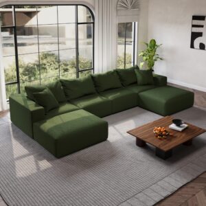 162" Minimalist Oversized Modular Sofa Couch, Deep Seat Sectional Sofa with Ottoman, 6-Seater Track Arm Sofa, U Shape Cloud Couch for Living Room Office Apartment Reception-Green